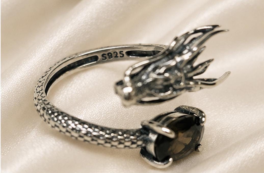 Dragon Ring with Smoky Quartz in 925 Sterling Silver - Adjustable Gothic Jewellery Celtic Dragon Jewellery
