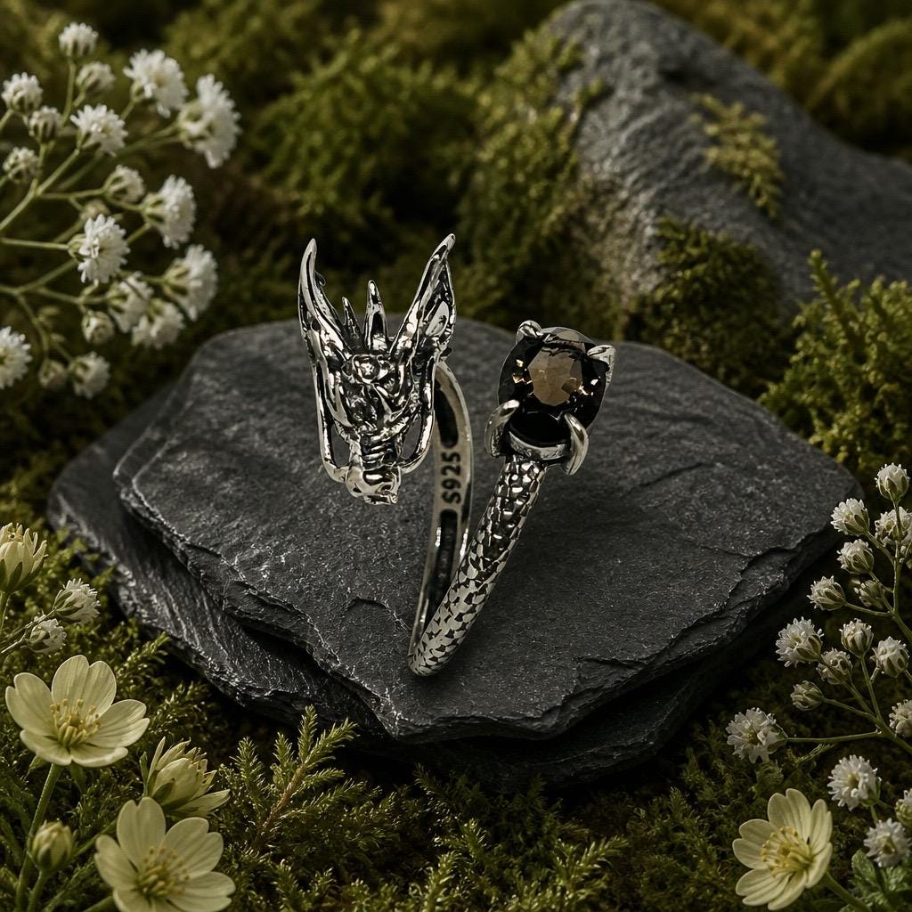 Dragon Ring with Smoky Quartz in 925 Sterling Silver - Adjustable Gothic Jewellery Celtic Dragon Jewellery