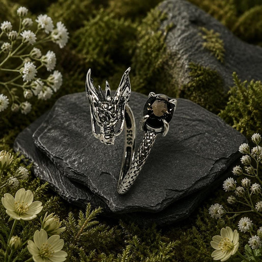 Dragon Ring with Smoky Quartz in 925 Sterling Silver - Adjustable Gothic Jewellery Celtic Dragon Jewellery