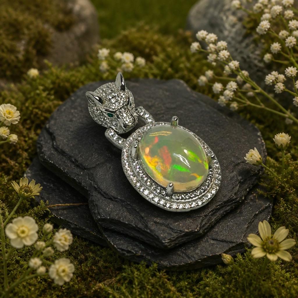 Leopard Pendant with Opal & Pave CZ: 925 Sterling Silver - Iced Out Jewellery Celtic Dragon Jewellery