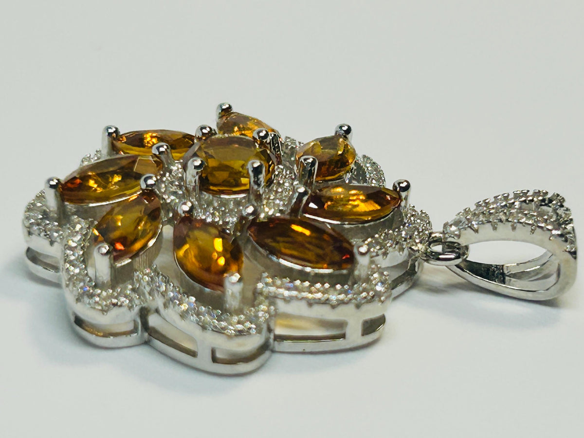 Citrine Flower Pendant - 925 Sterling Silver - CZ Floral Jewellery Celtic Dragon Jewellery