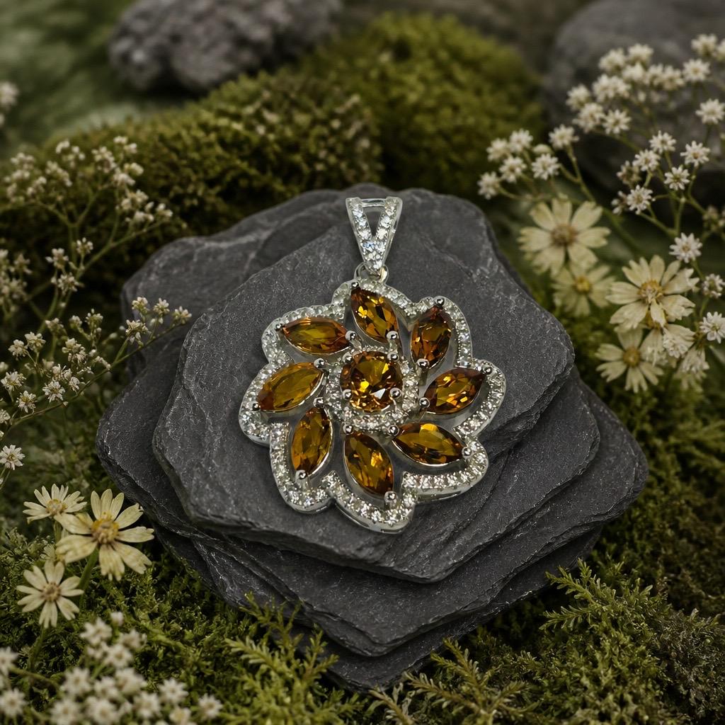 Citrine Flower Pendant - 925 Sterling Silver - CZ Floral Jewellery Celtic Dragon Jewellery