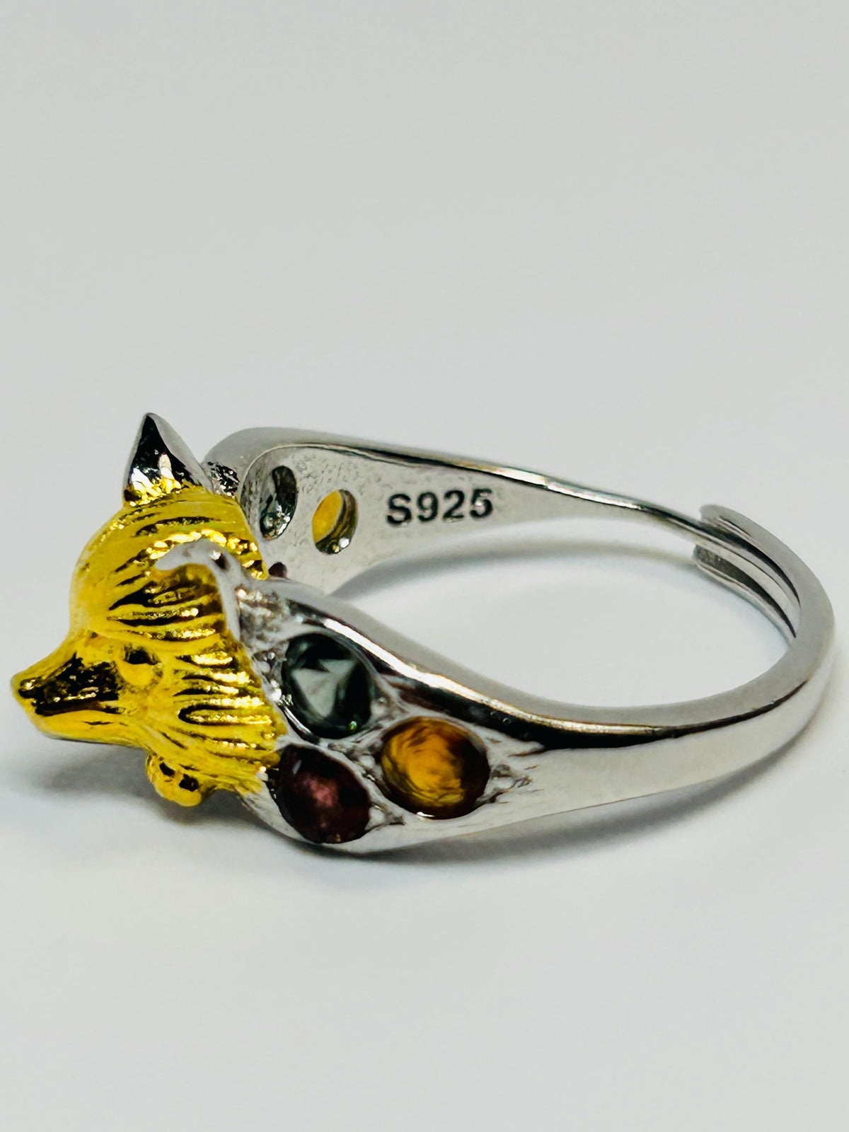 Fox Ring in 925 Sterling Silver with Multi Tourmaline Accents - Gold Plated Woodland Jewellery Celtic Dragon Jewellery