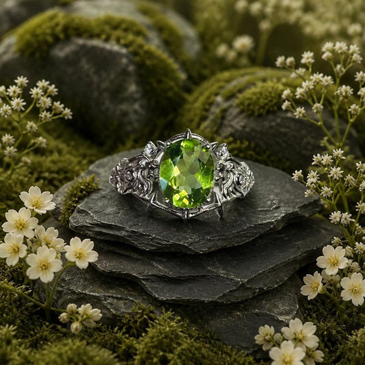 Peridot Ring in 925 Sterling Silver - Adjustable Gothic Jewellery - Ornate Thorn Design Celtic Dragon Jewellery