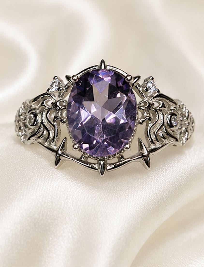 Amethyst Ring in 925 Sterling Silver - Adjustable Gothic Jewellery - Ornate Thorn Design Celtic Dragon Jewellery