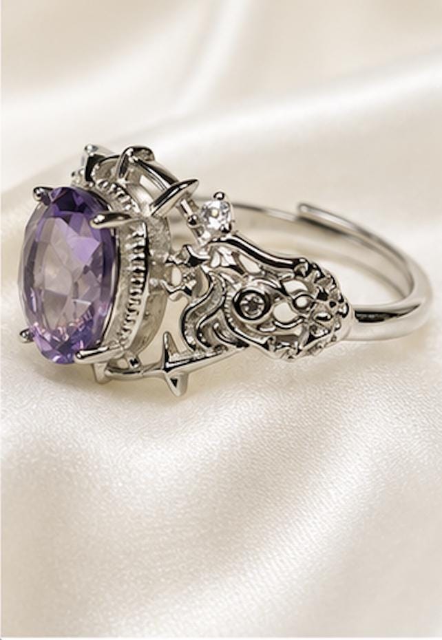Amethyst Ring in 925 Sterling Silver - Adjustable Gothic Jewellery - Ornate Thorn Design Celtic Dragon Jewellery