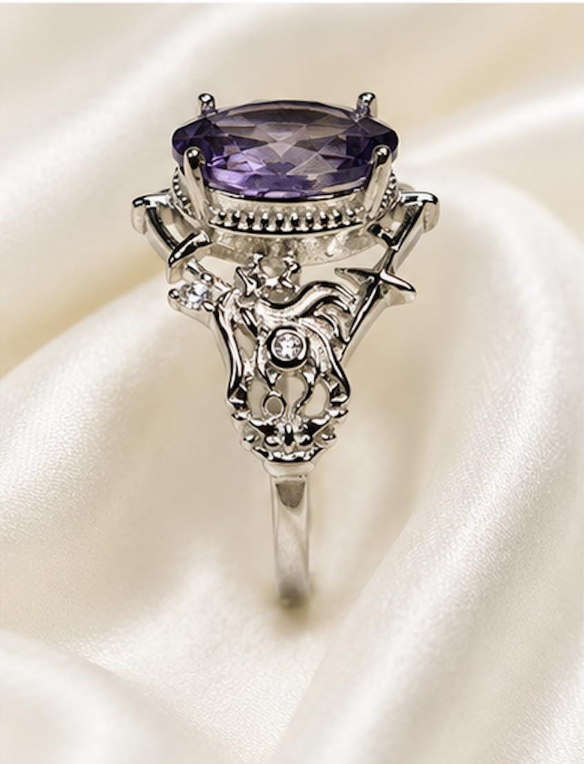 Amethyst Ring in 925 Sterling Silver - Adjustable Gothic Jewellery - Ornate Thorn Design Celtic Dragon Jewellery