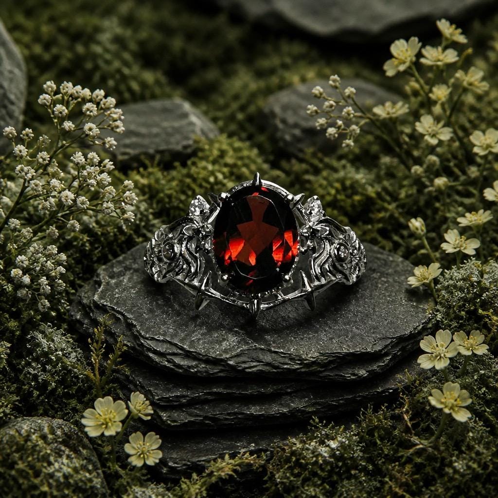 Red Garnet Ring in 925 Sterling Silver - Adjustable Gothic Jewellery - Ornate Thorn Design Celtic Dragon Jewellery