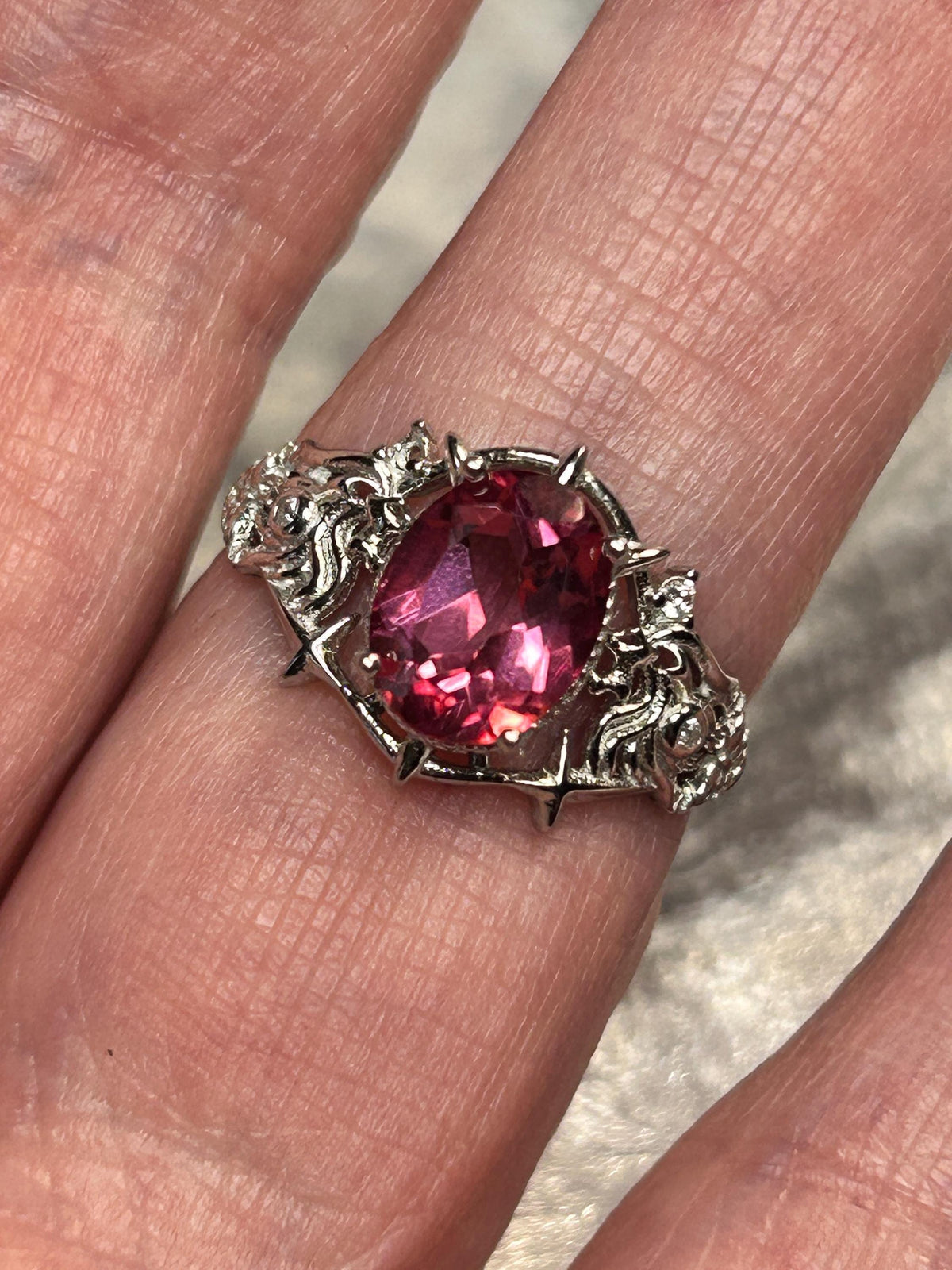 Pink Topaz Ring in 925 Sterling Silver - Adjustable Gothic Jewellery - Ornate Thorn Design Celtic Dragon Jewellery