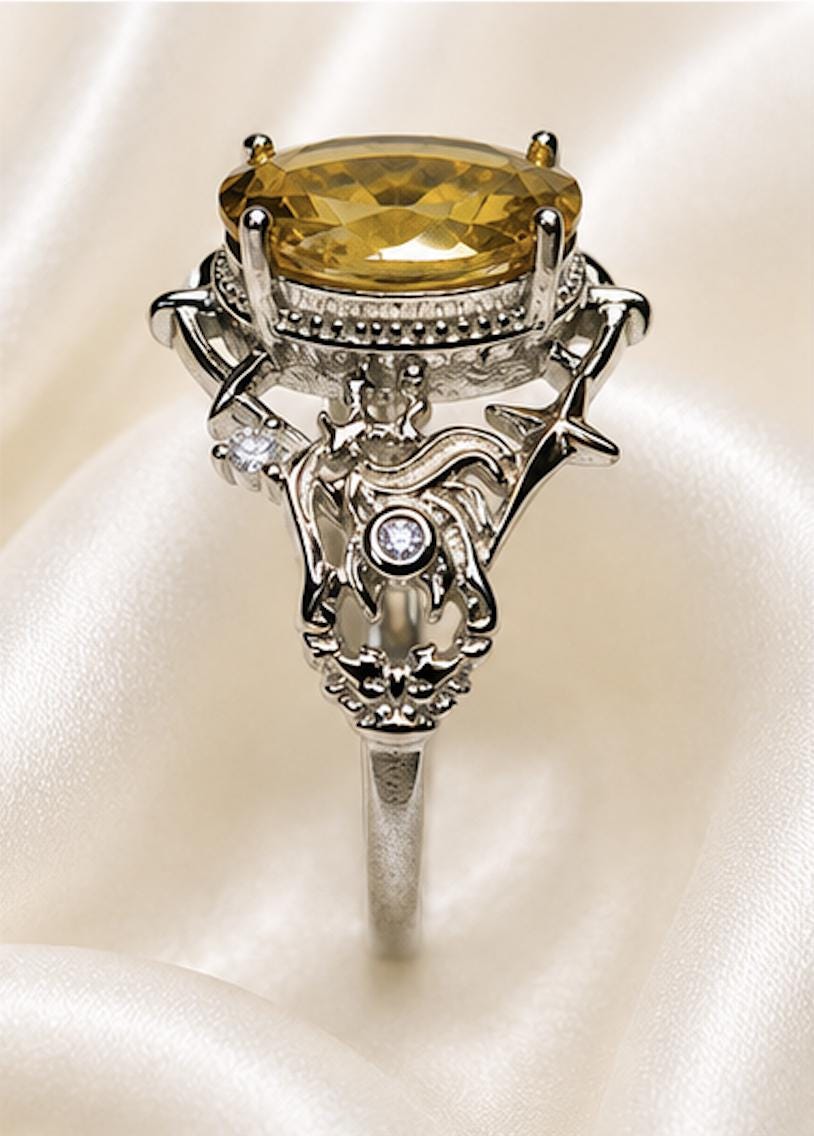 Citrine Ring in 925 Sterling Silver - Adjustable Gothic Jewellery - Ornate Thorn Design Celtic Dragon Jewellery