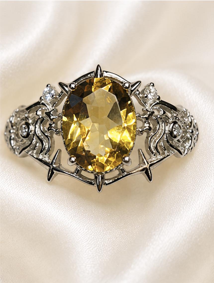 Citrine Ring in 925 Sterling Silver - Adjustable Gothic Jewellery - Ornate Thorn Design Celtic Dragon Jewellery