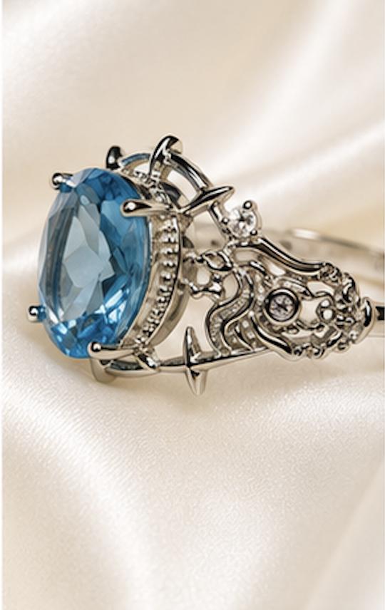 Blue Topaz Ring in 925 Sterling Silver - Adjustable Gothic Jewellery - Ornate Thorn Design Celtic Dragon Jewellery