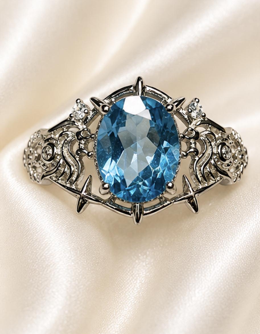 Blue Topaz Ring in 925 Sterling Silver - Adjustable Gothic Jewellery - Ornate Thorn Design Celtic Dragon Jewellery