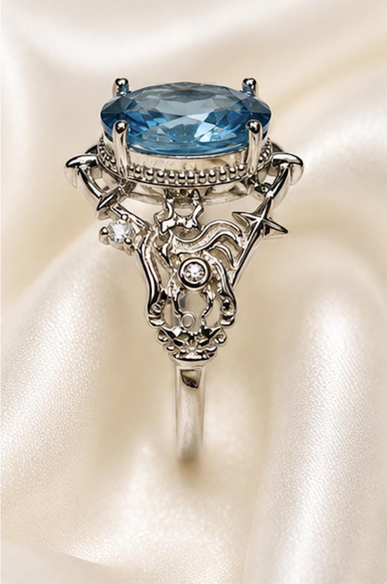 Blue Topaz Ring in 925 Sterling Silver - Adjustable Gothic Jewellery - Ornate Thorn Design Celtic Dragon Jewellery