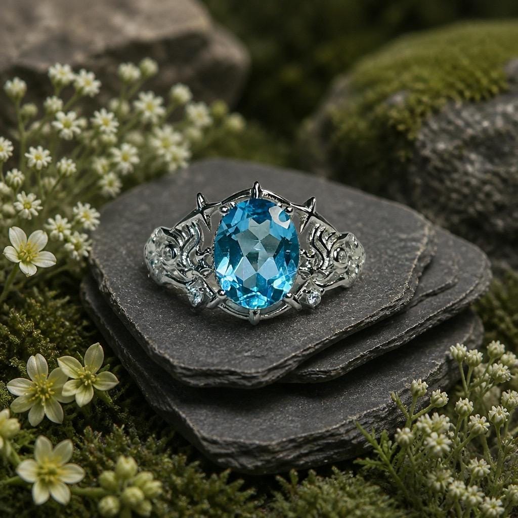 Blue Topaz Ring in 925 Sterling Silver - Adjustable Gothic Jewellery - Ornate Thorn Design Celtic Dragon Jewellery