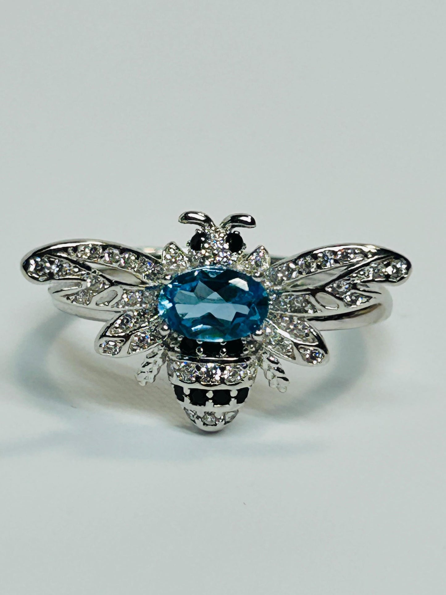 Blue Topaz Honey Bee Ring - 925 Sterling Silver - Adjustable CZ Bee Jewellery Celtic Dragon Jewellery
