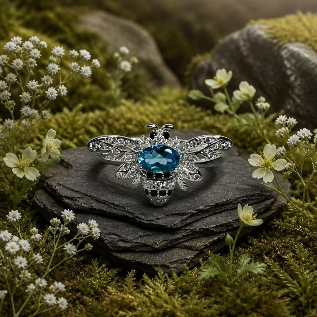 Blue Topaz Honey Bee Ring - 925 Sterling Silver - Adjustable CZ Bee Jewellery Celtic Dragon Jewellery