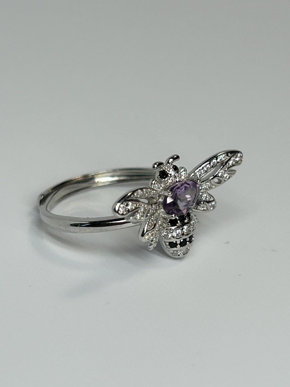 Amethyst Honey Bee Ring - 925 Sterling Silver - Adjustable CZ Bee Jewellery Celtic Dragon Jewellery