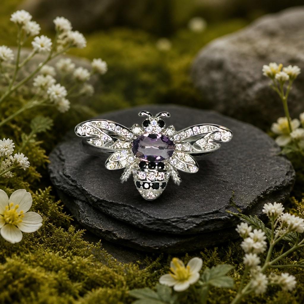 Amethyst Honey Bee Ring - 925 Sterling Silver - Adjustable CZ Bee Jewellery Celtic Dragon Jewellery