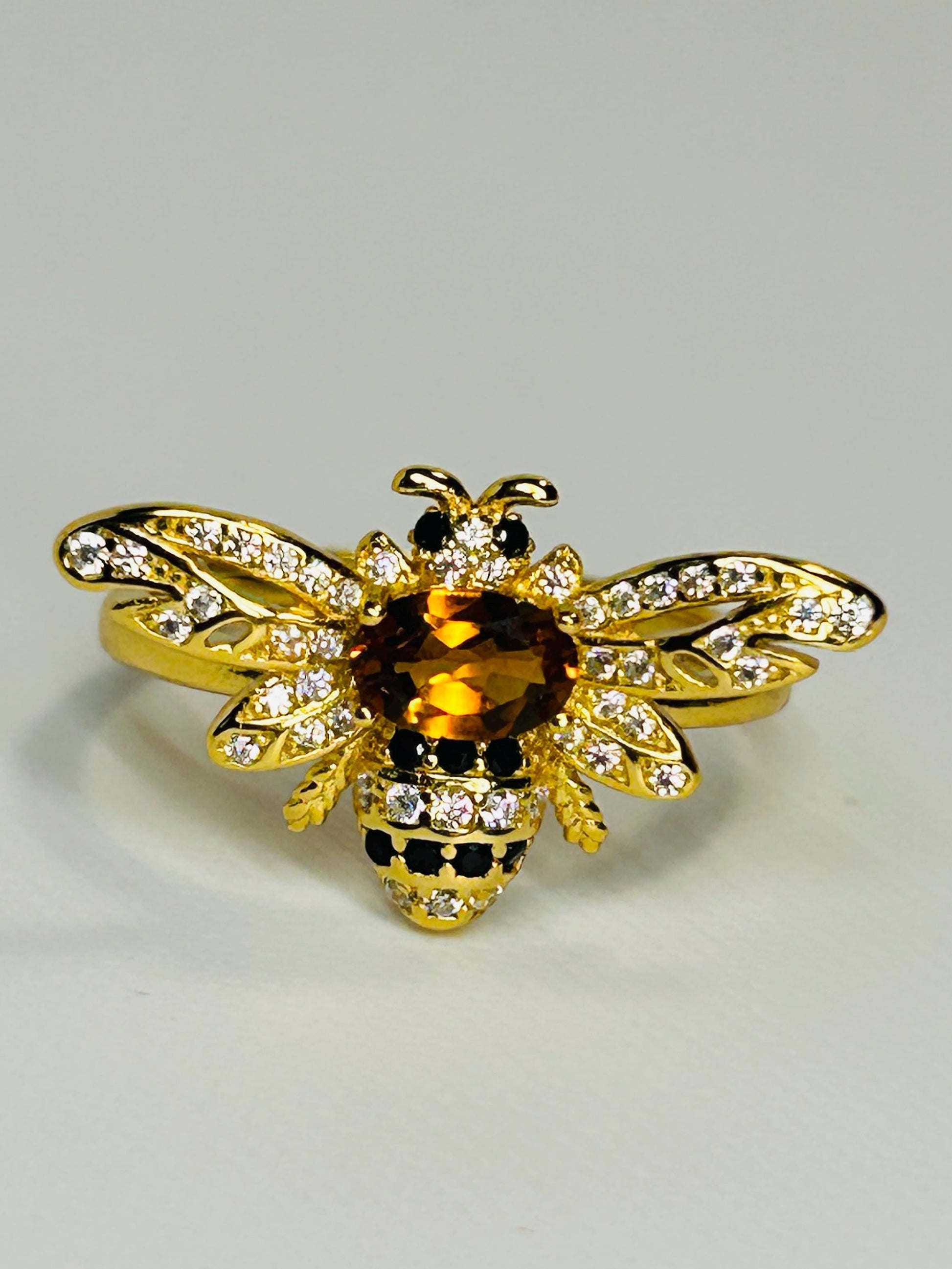 Citrine Honey Bee Ring - Gold Plated 925 Sterling Silver - CZ Bee Jewellery Celtic Dragon Jewellery