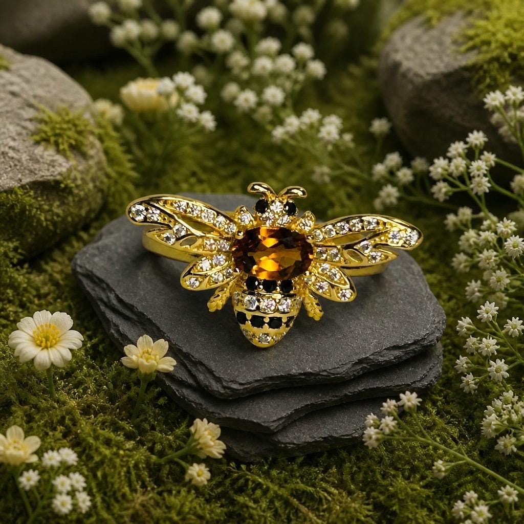 Citrine Honey Bee Ring - Gold Plated 925 Sterling Silver - CZ Bee Jewellery Celtic Dragon Jewellery