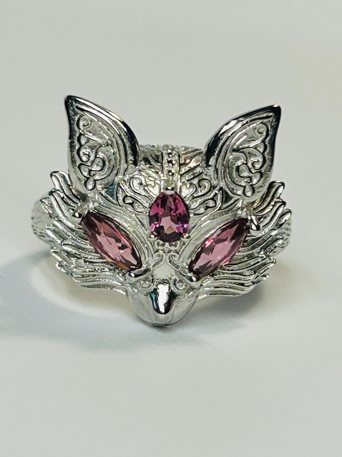 Fox Ring with Pink Garnet - 925 Sterling Silver - Adjustable Woodland Jewellery Celtic Dragon Jewellery