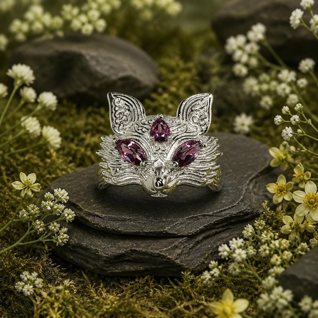 Fox Ring with Pink Garnet - 925 Sterling Silver - Adjustable Woodland Jewellery Celtic Dragon Jewellery