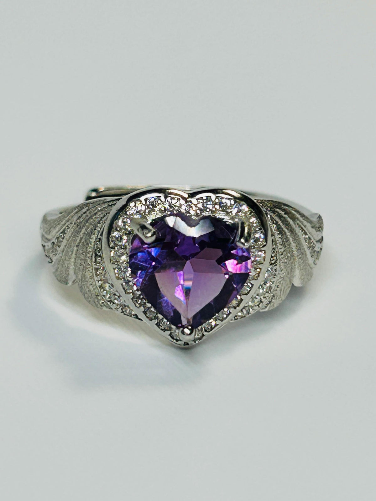 Amethyst Heart Ring, Adjustable 925 Sterling Silver, Faceted Gemstone, CZ Halo & Angel Wings Celtic Dragon Jewellery