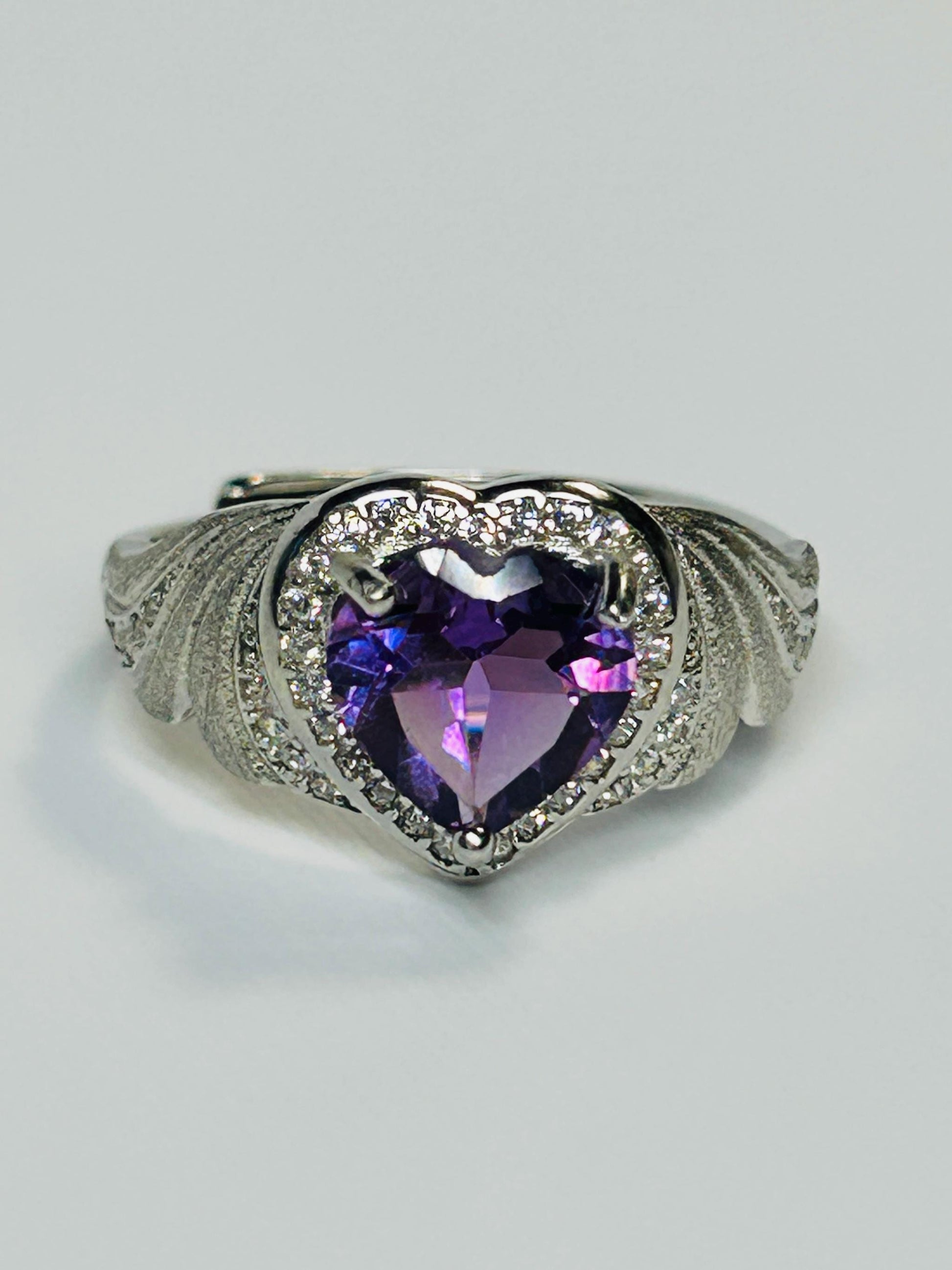 Amethyst Heart Ring, Adjustable 925 Sterling Silver, Faceted Gemstone, CZ Halo & Angel Wings Celtic Dragon Jewellery