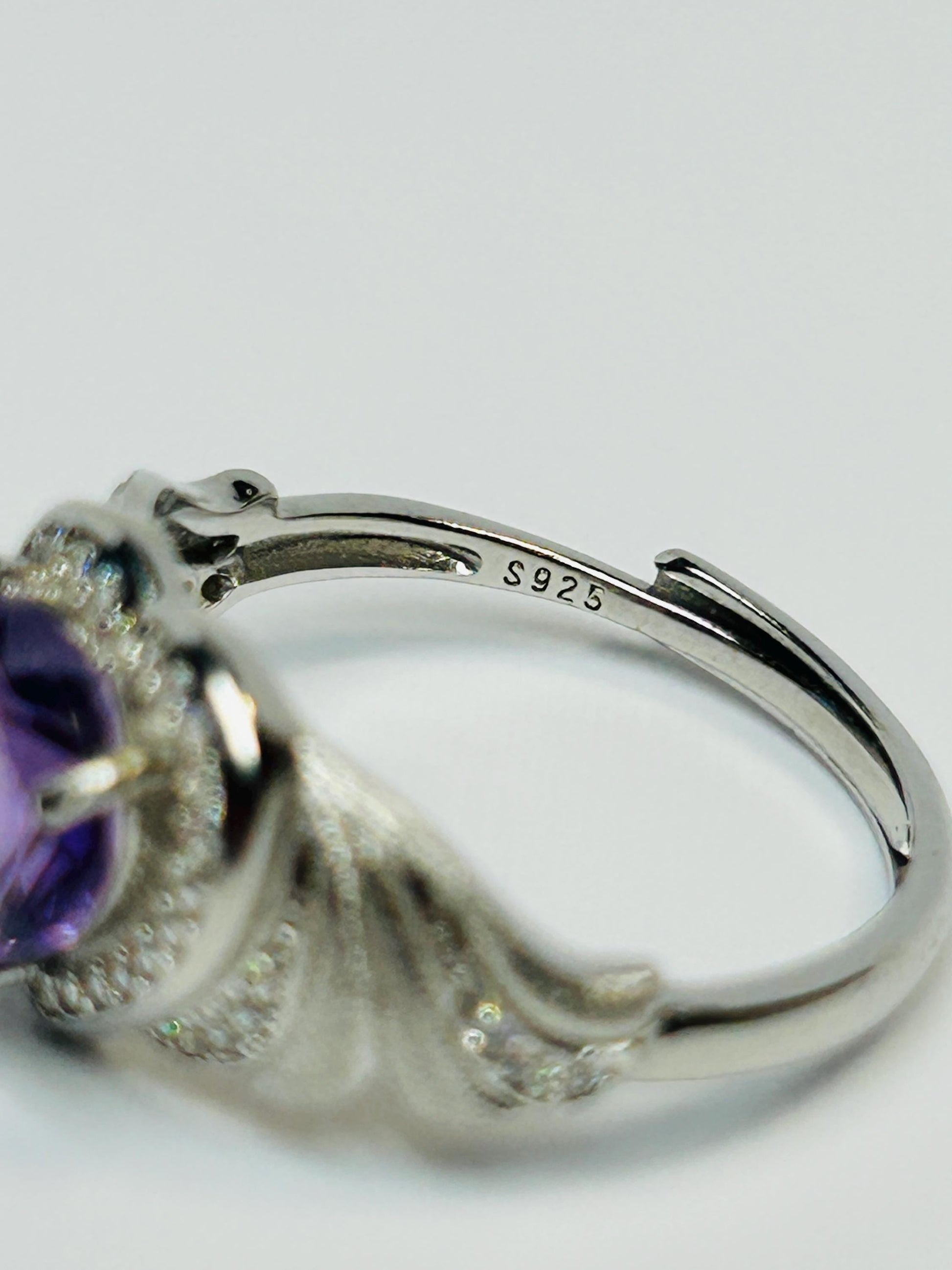 Amethyst Heart Ring, Adjustable 925 Sterling Silver, Faceted Gemstone, CZ Halo & Angel Wings Celtic Dragon Jewellery
