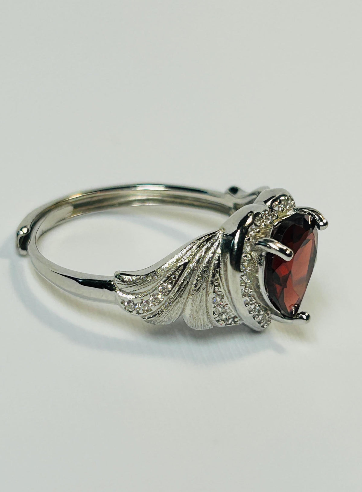 Garnet Heart Ring, Adjustable 925 Sterling Silver, Faceted Gemstone, CZ Halo & Angel Wings Celtic Dragon Jewellery