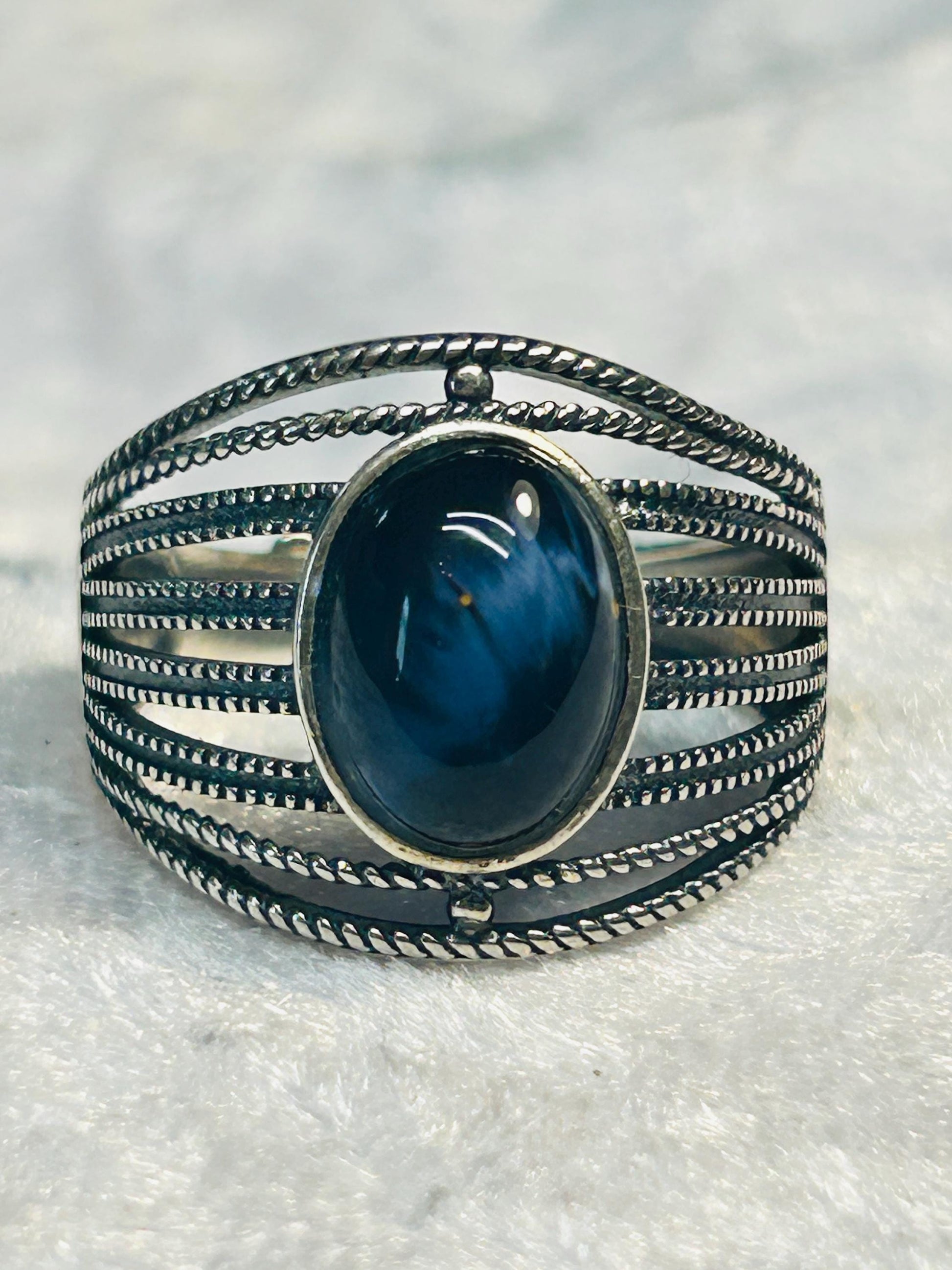 Blue Tigers Eye Ring in 925 Sterling Silver - Adjustable Boho Statement Ring Celtic Dragon Jewellery