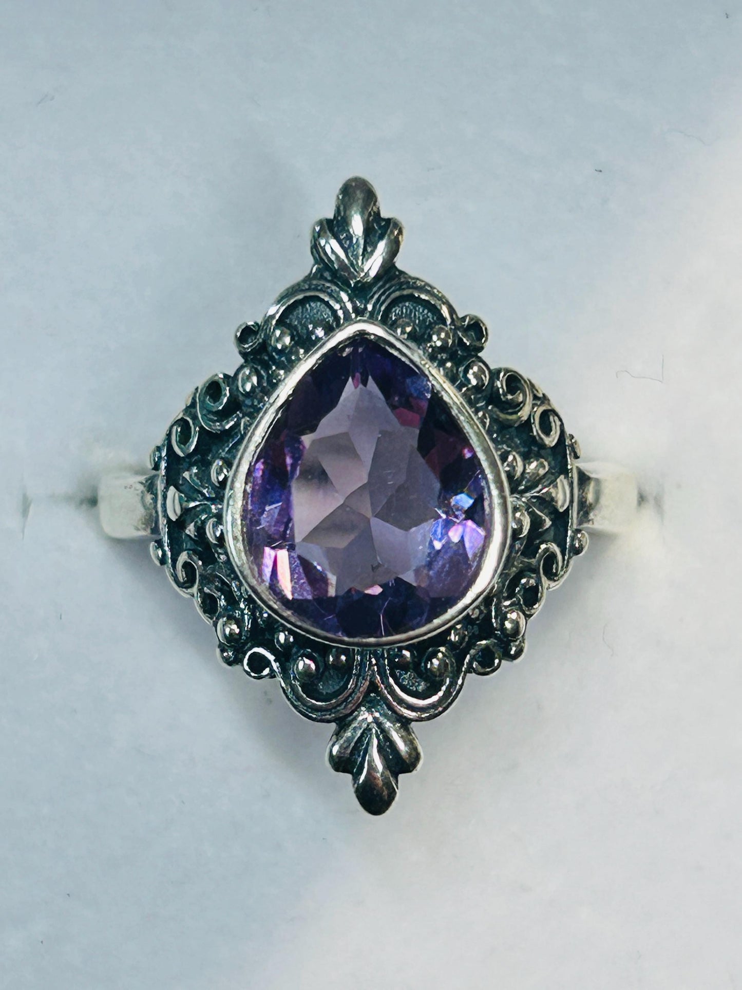 Amethyst Teardrop Ring in Ornate 925 Sterling Silver - Gothic Statement Ring Celtic Dragon Jewellery