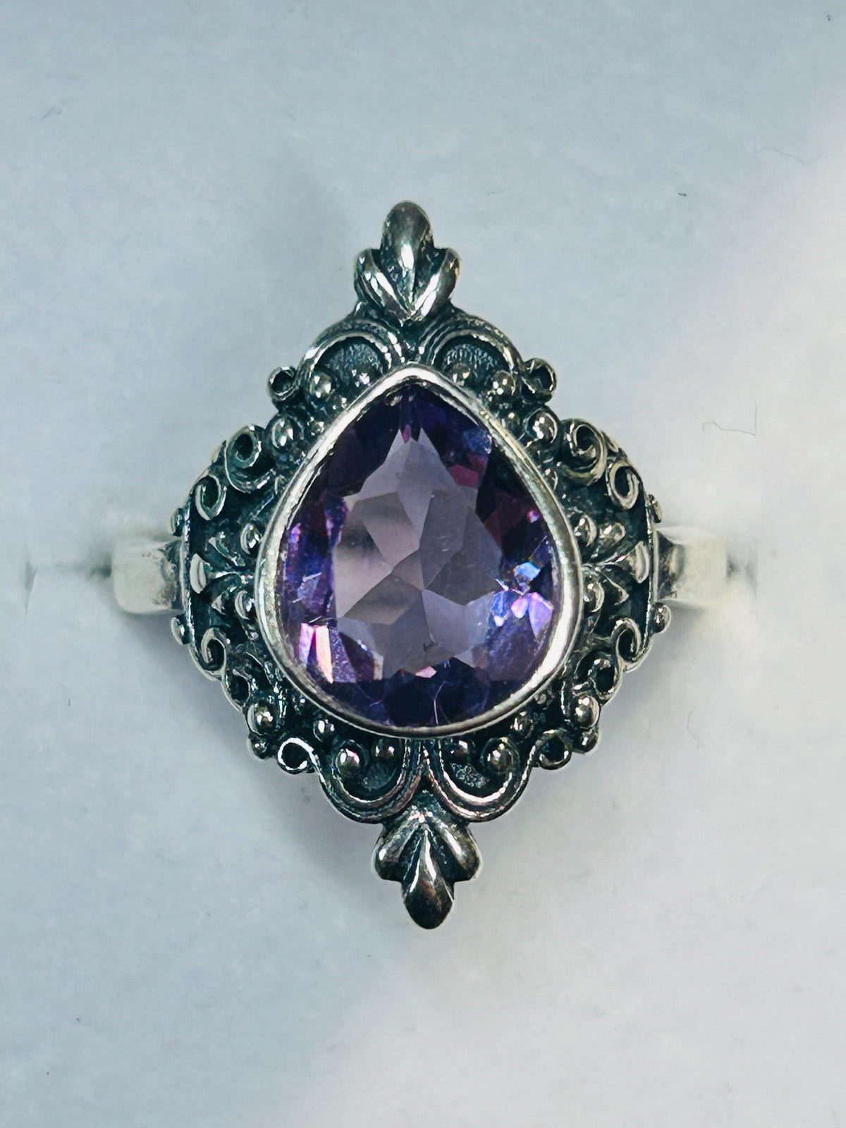 Amethyst Teardrop Ring in Ornate 925 Sterling Silver - Gothic Statement Ring Celtic Dragon Jewellery