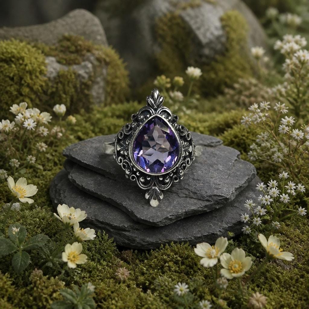 Amethyst Teardrop Ring in Ornate 925 Sterling Silver - Gothic Statement Ring Celtic Dragon Jewellery