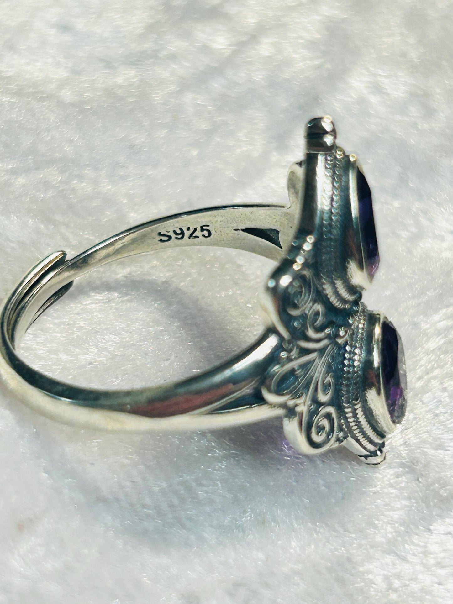 Double Amethyst Teardrop Ring in Ornate 925 Sterling Silver - Gothic Statement Ring Celtic Dragon Jewellery