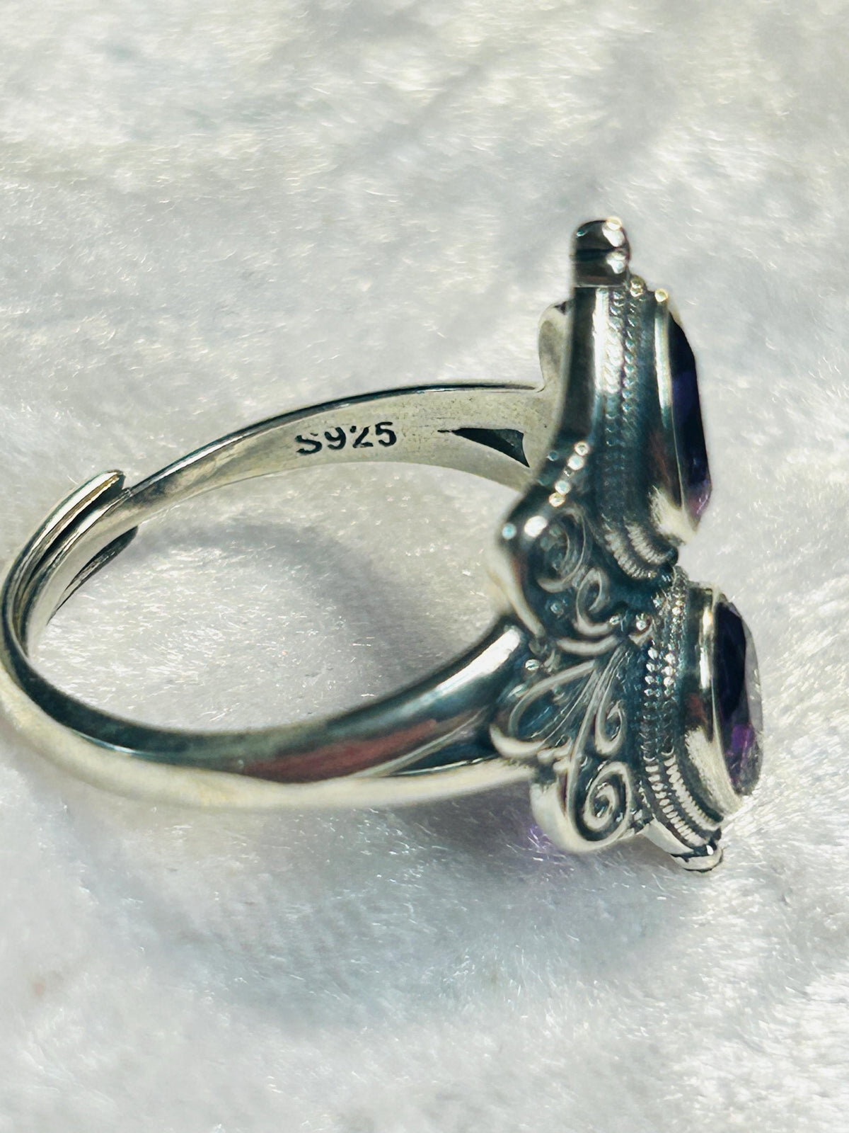Double Amethyst Teardrop Ring in Ornate 925 Sterling Silver - Gothic Statement Ring Celtic Dragon Jewellery