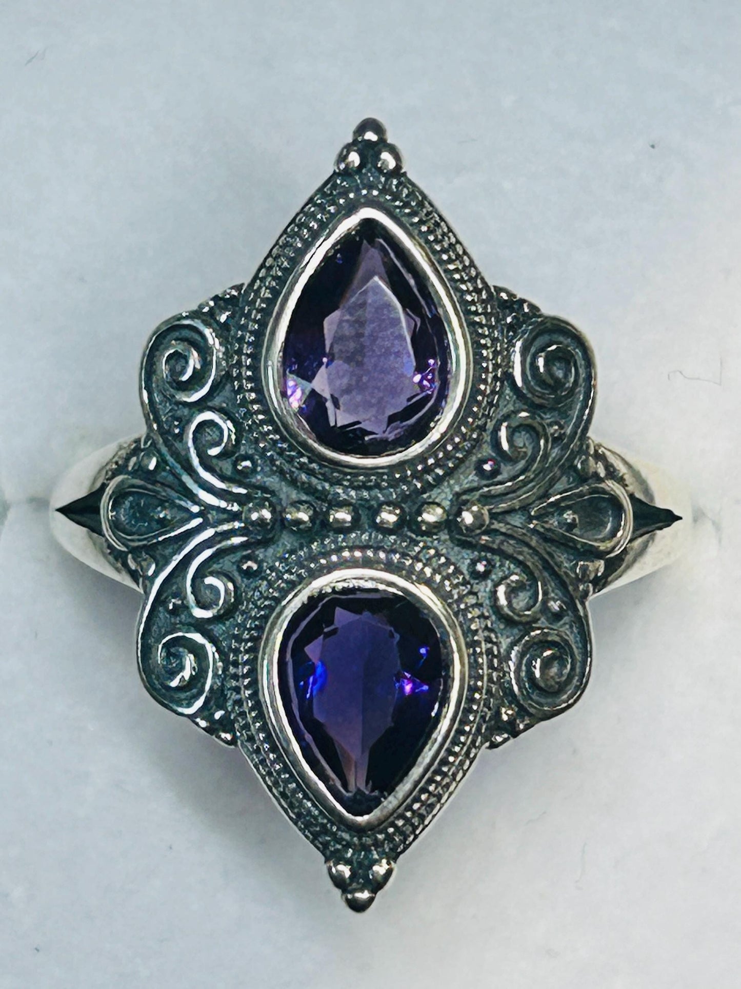 Double Amethyst Teardrop Ring in Ornate 925 Sterling Silver - Gothic Statement Ring Celtic Dragon Jewellery