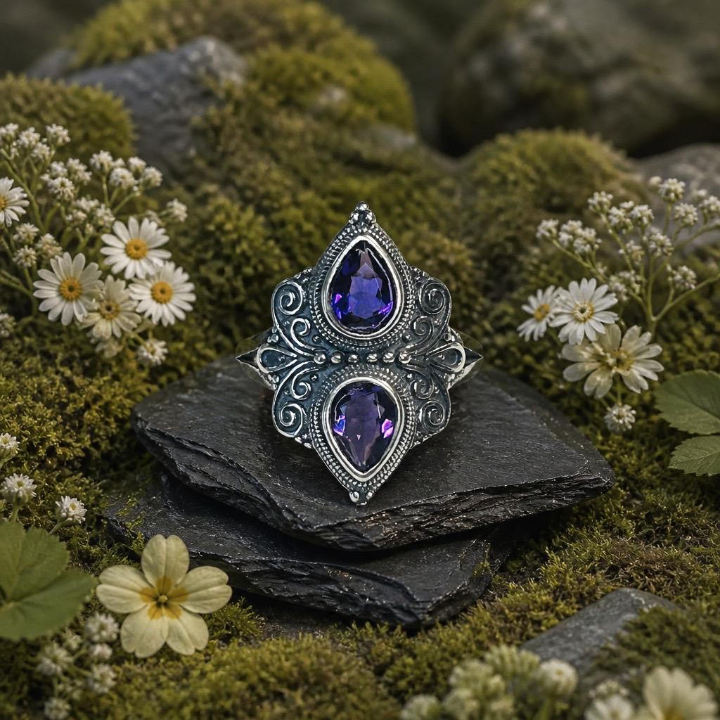 Double Amethyst Teardrop Ring in Ornate 925 Sterling Silver - Gothic Statement Ring Celtic Dragon Jewellery