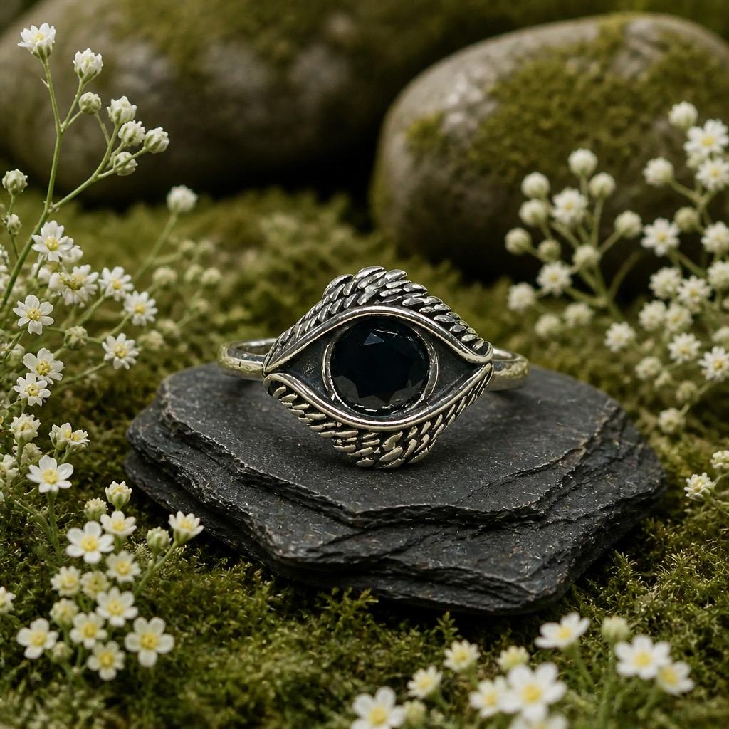 Sterling Silver Eye Ring with Black Spinel, Adjustable Bypass Band Celtic Dragon Jewellery