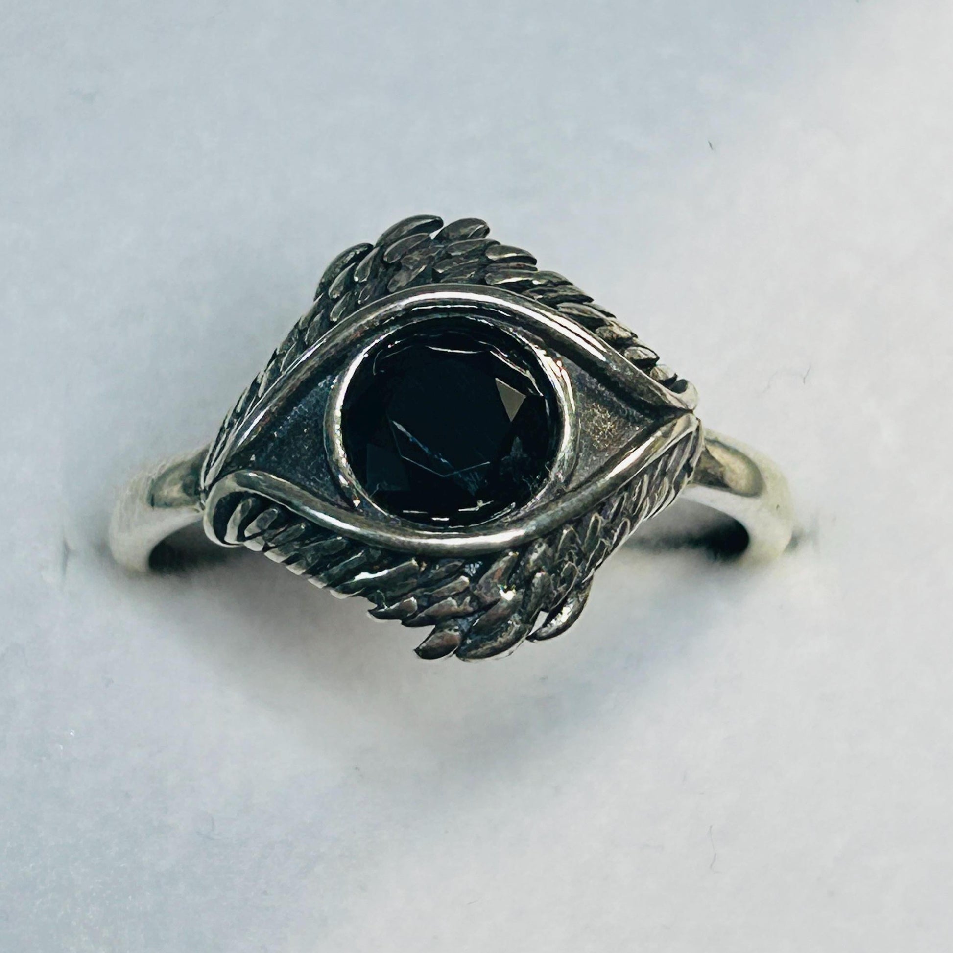 Sterling Silver Eye Ring with Black Spinel, Adjustable Bypass Band Celtic Dragon Jewellery