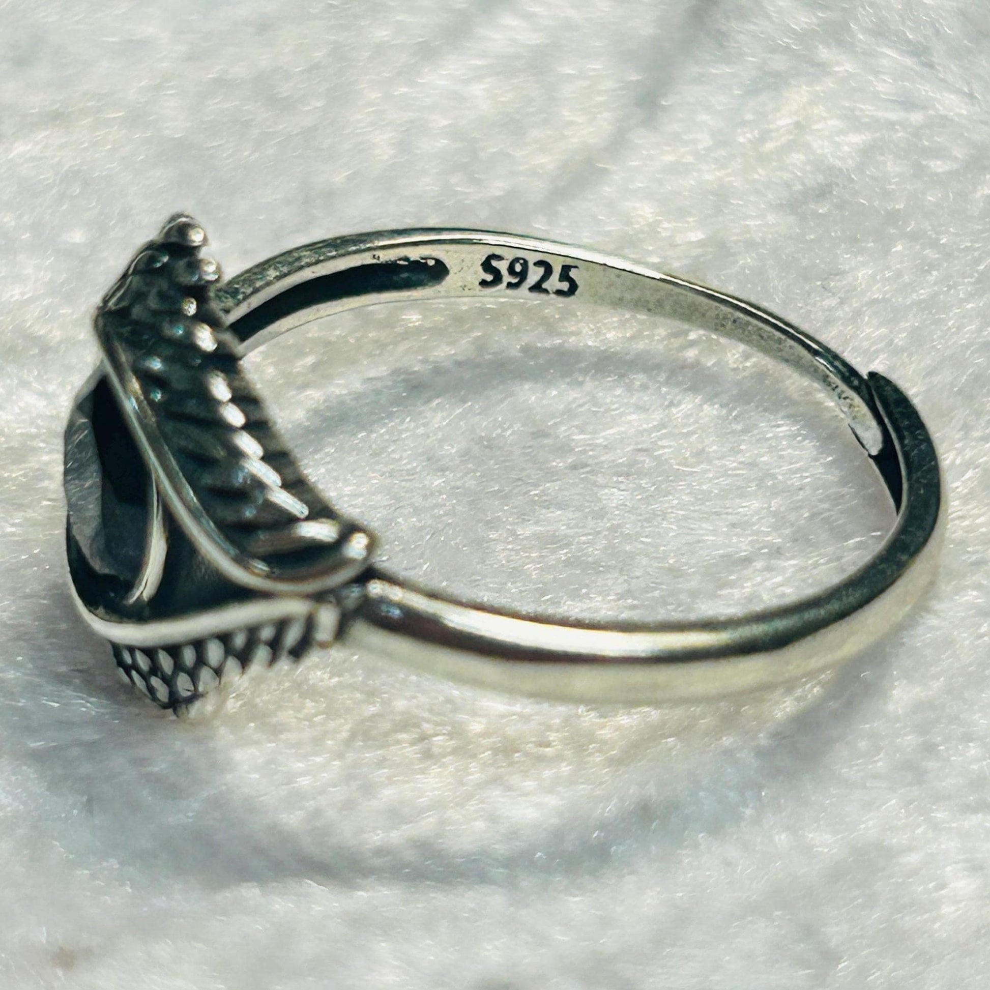 Sterling Silver Eye Ring with Black Spinel, Adjustable Bypass Band Celtic Dragon Jewellery