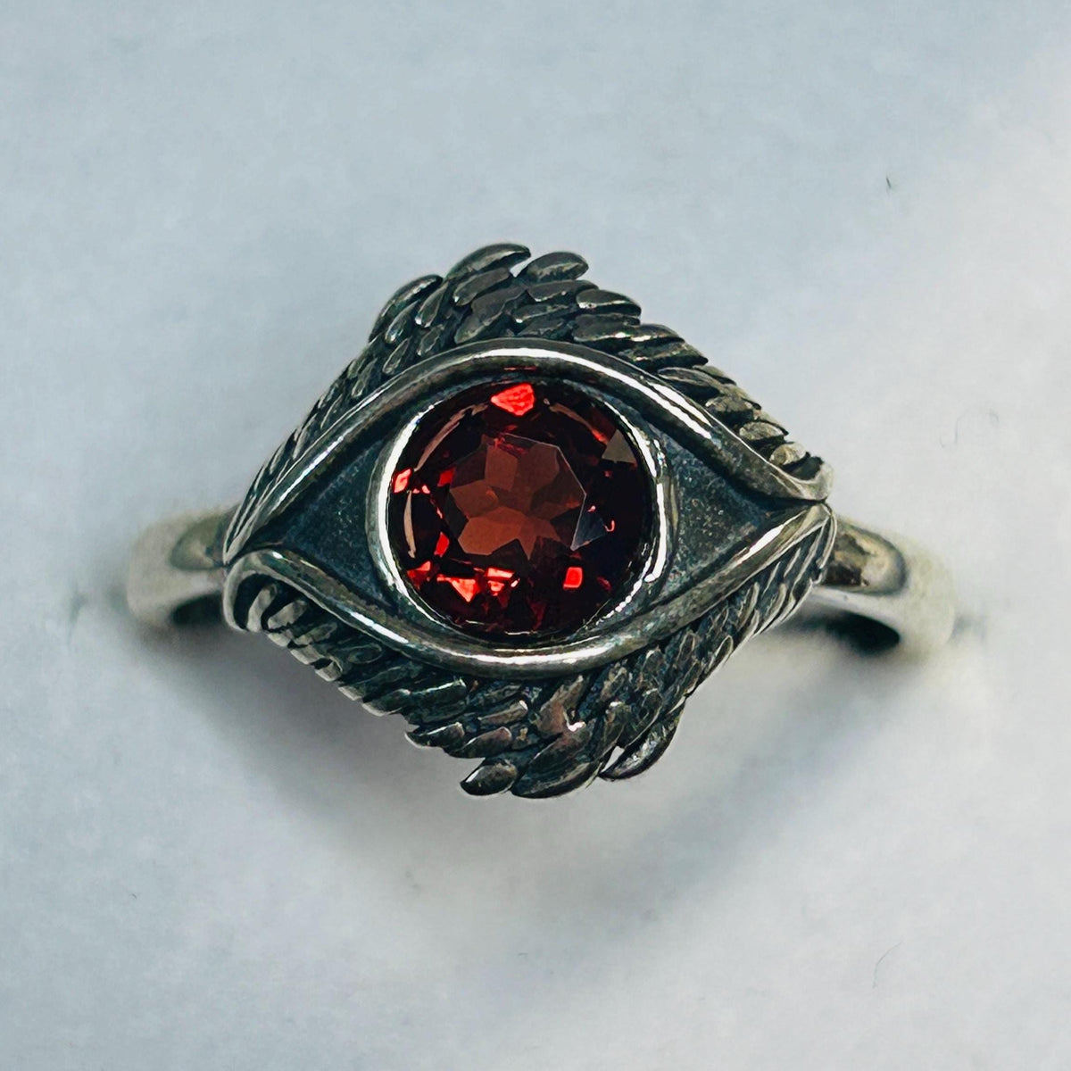 Sterling Silver Eye Ring with Red Garnet, Adjustable Bypass Band Celtic Dragon Jewellery