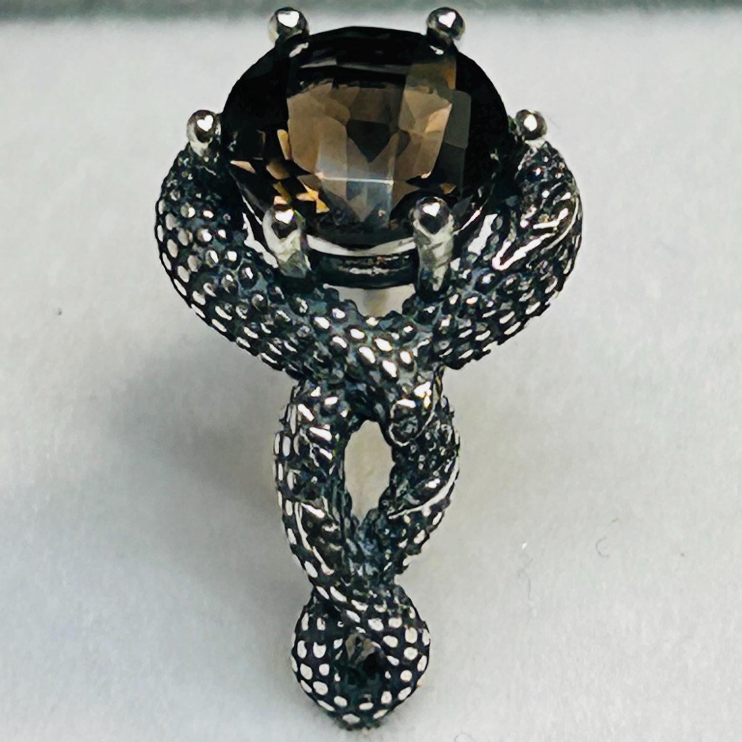 Snake Ring with Checkerboard Faceted Smoky Quartz in 925 Sterling Silver - Gothic Serpent Jewellery Celtic Dragon Jewellery