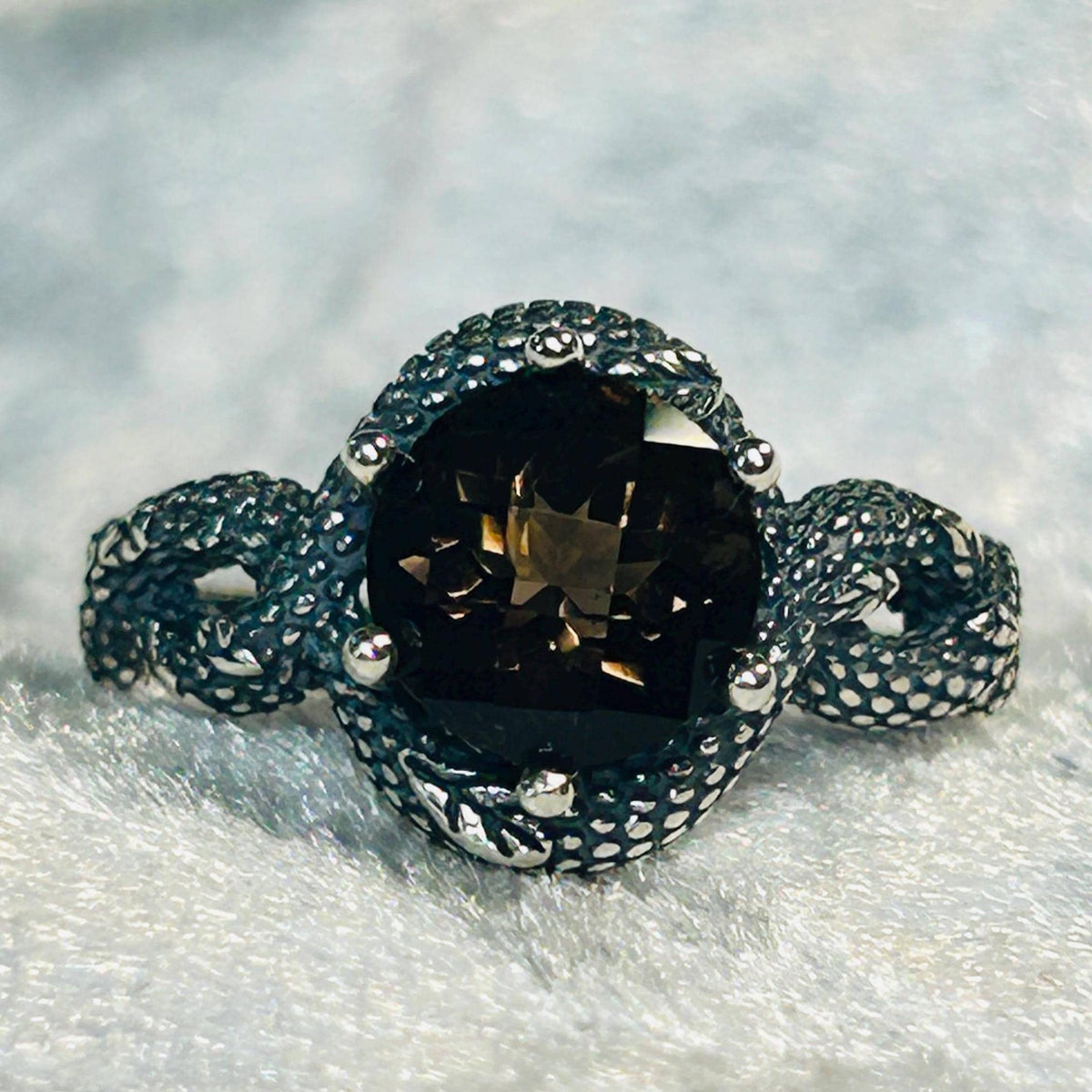 Snake Ring with Checkerboard Faceted Smoky Quartz in 925 Sterling Silver - Gothic Serpent Jewellery Celtic Dragon Jewellery