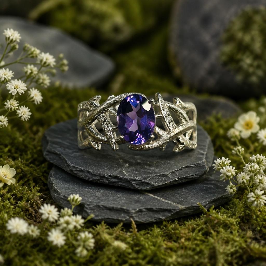 Amethyst Ring in 925 Sterling Silver Bramble Setting - Gothic Statement Jewellery Celtic Dragon Jewellery