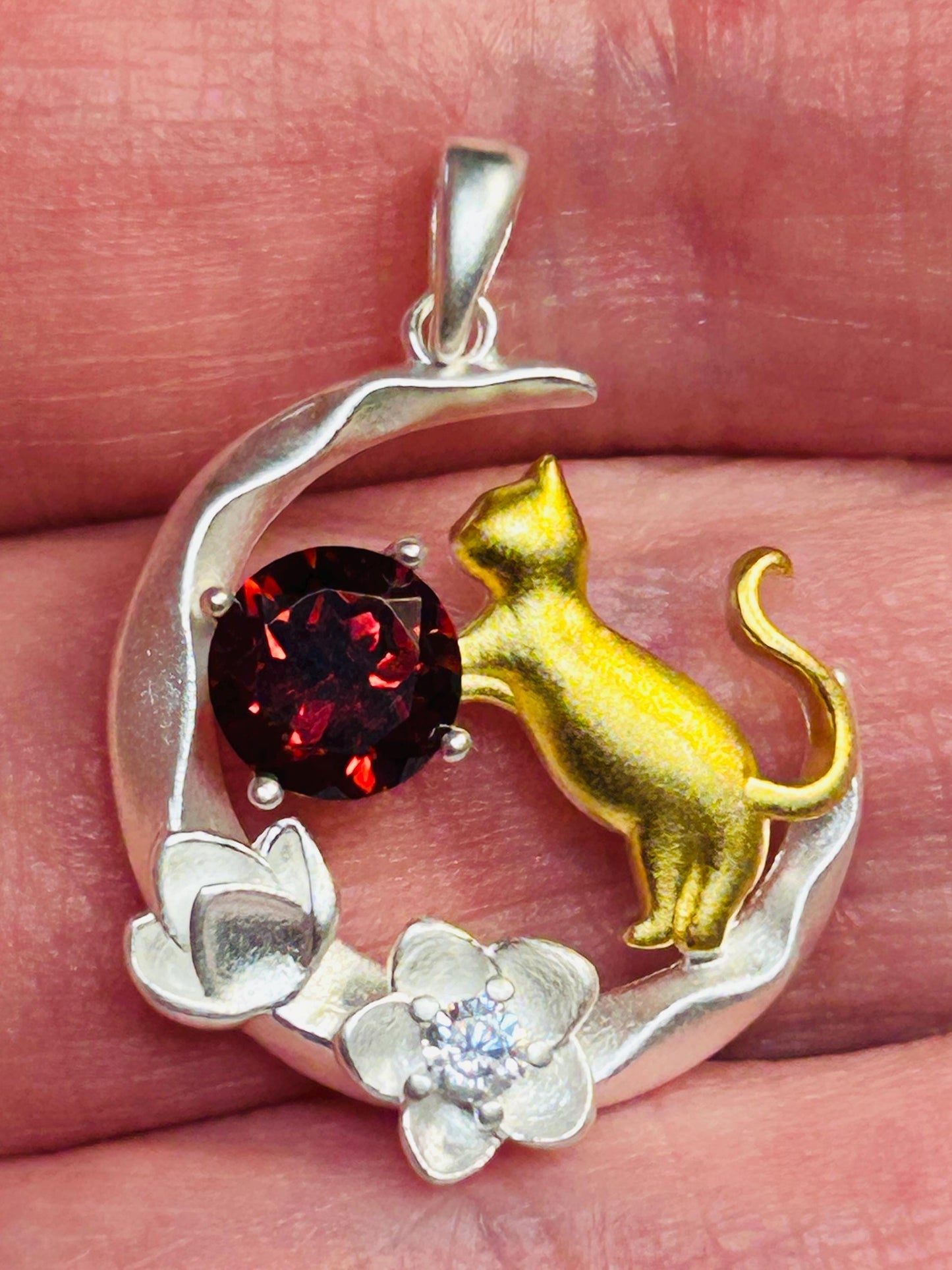 Cat on Moon Crescent Pendant with Garnet, Set in 925 Sterling Silver - Whimsical Jewellery Celtic Dragon Jewellery
