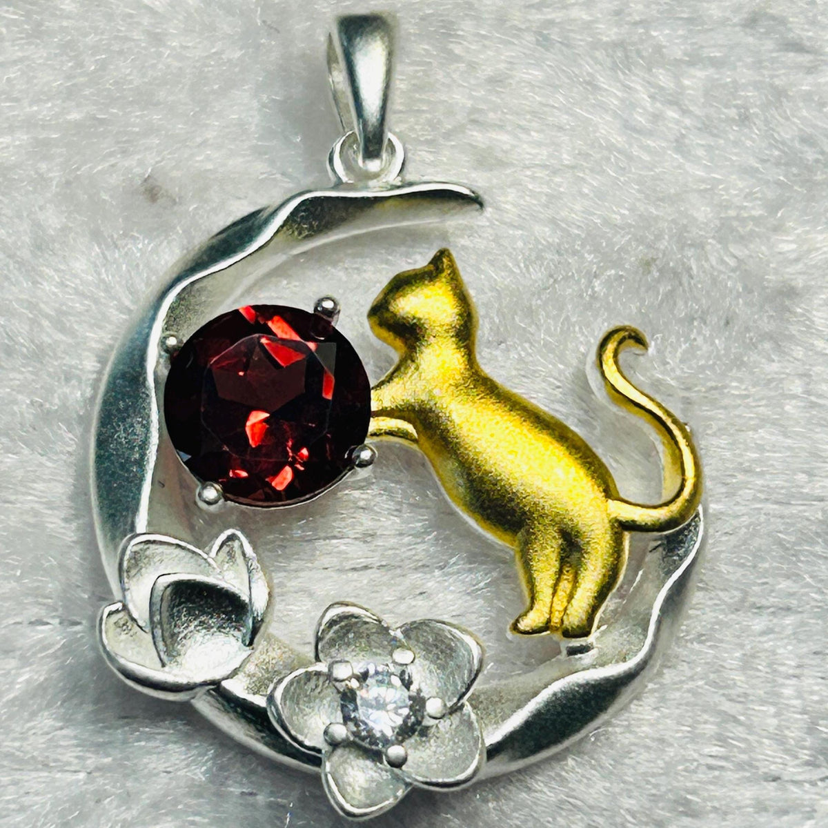 Cat on Moon Crescent Pendant with Garnet, Set in 925 Sterling Silver - Whimsical Jewellery Celtic Dragon Jewellery