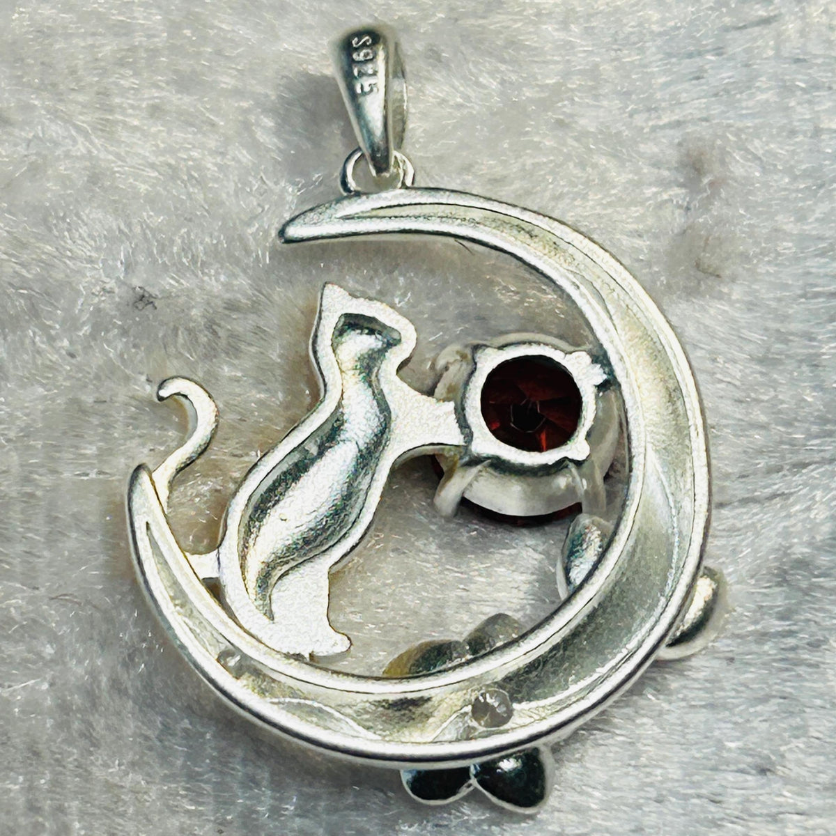 Cat on Moon Crescent Pendant with Garnet, Set in 925 Sterling Silver - Whimsical Jewellery Celtic Dragon Jewellery