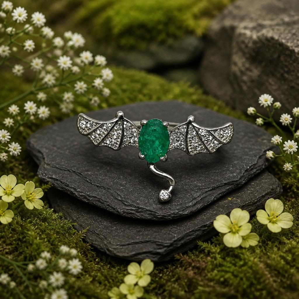 Emerald Dragon Ring, Adjustable 925 Sterling Silver Gothic Wing Jewellery Celtic Dragon Jewellery